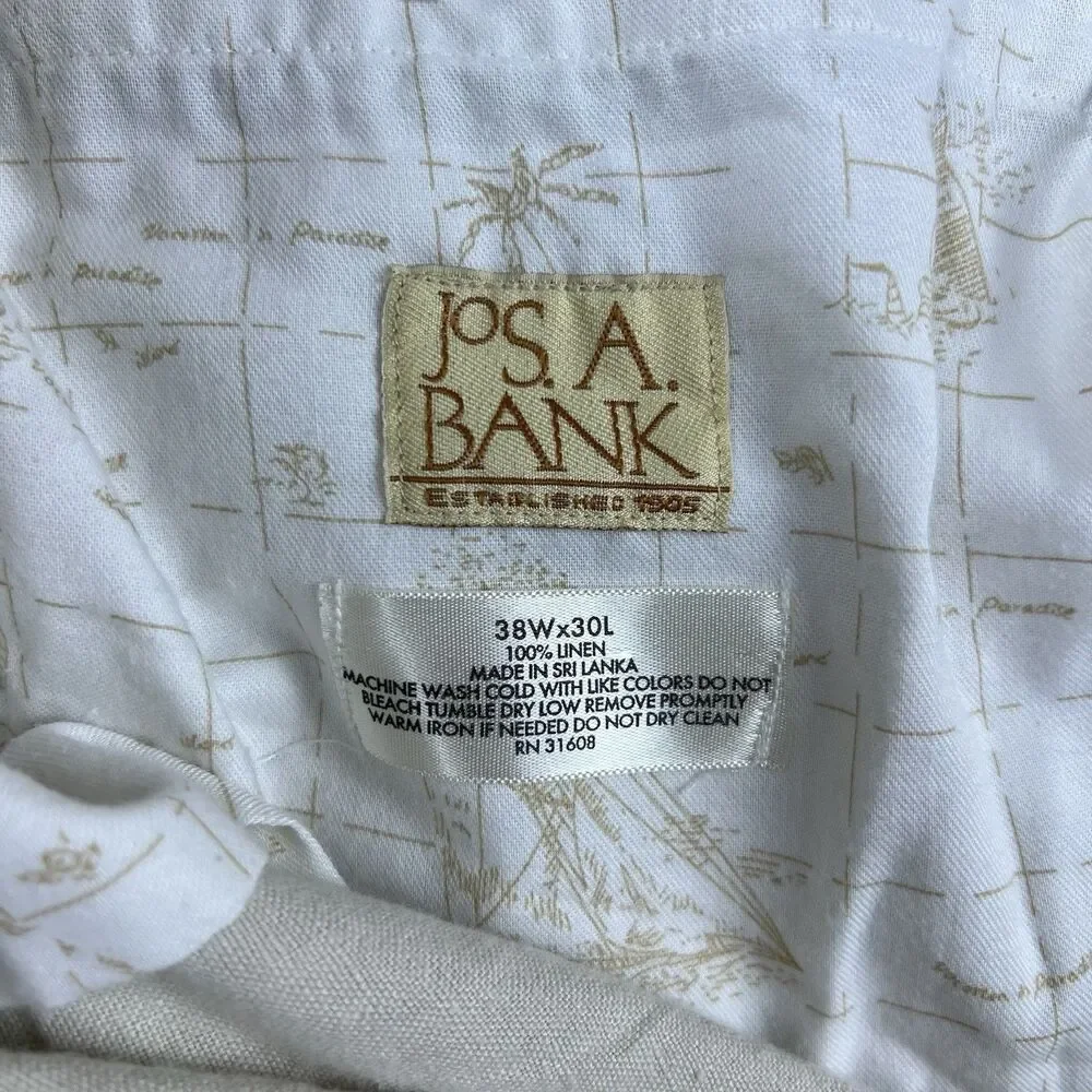 Jos A Bank Men's Travelers Pants 100% Linen Straight Leg Tan Khaki Size 38x30